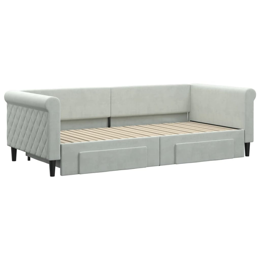 Slaapbank Onderschuifbed En Lades Fluweel 90 x 200 cm Lichtgrijs met onderschuifbed en lade