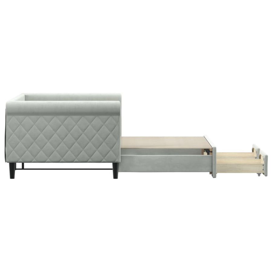 Slaapbank Onderschuifbed En Lades Fluweel 90 x 200 cm Lichtgrijs met onderschuifbed en lade