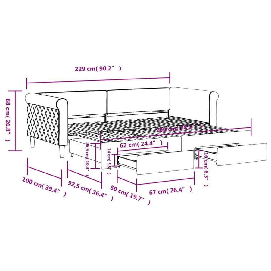 Slaapbank onderschuifbed en lades 90x200 cm fluweel donkergrijs