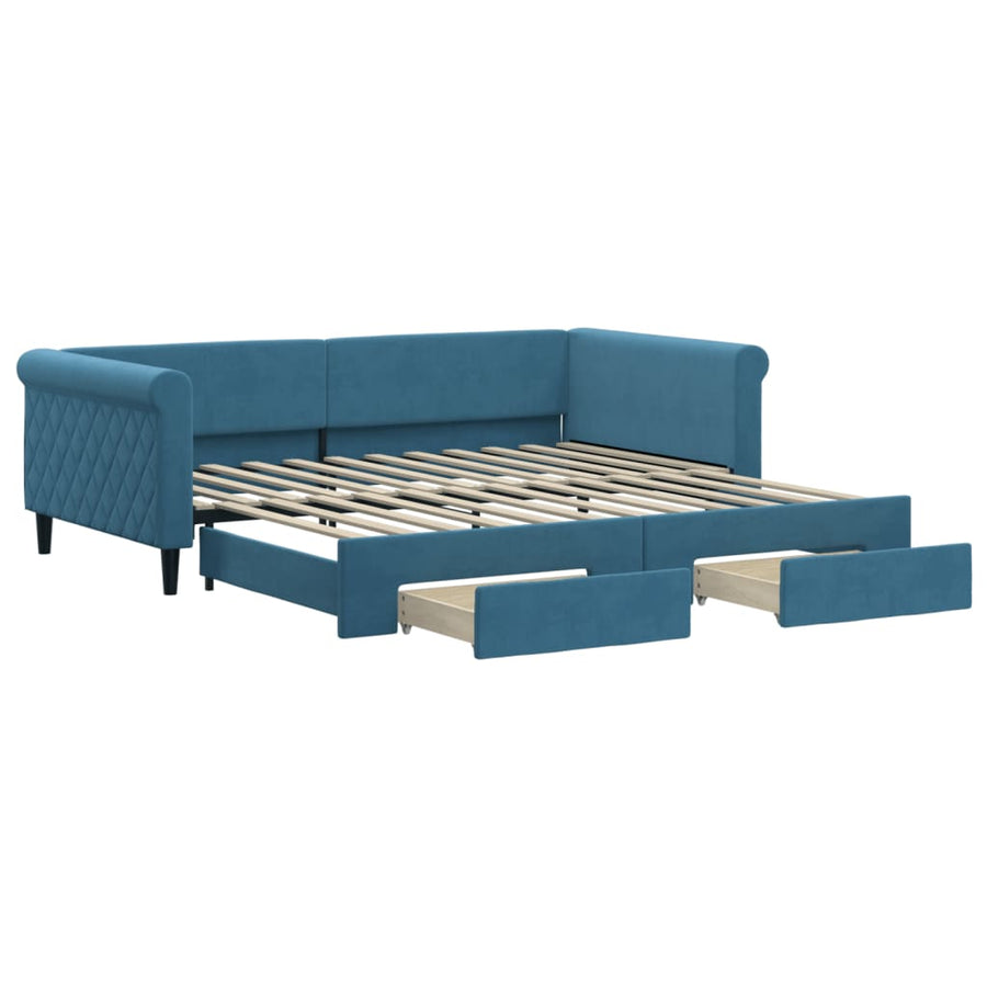 Slaapbank S Fluweel 100 x 200 cm Blauw met onderschuifbed en lade
