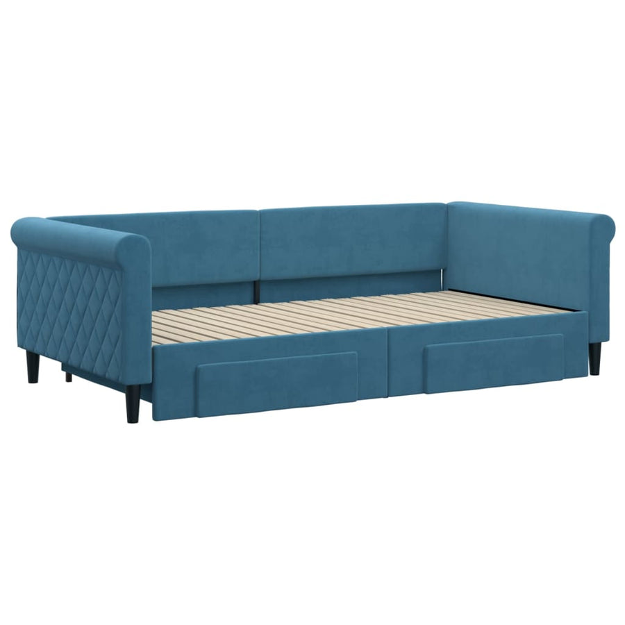 Slaapbank S Fluweel 100 x 200 cm Blauw met onderschuifbed en lade