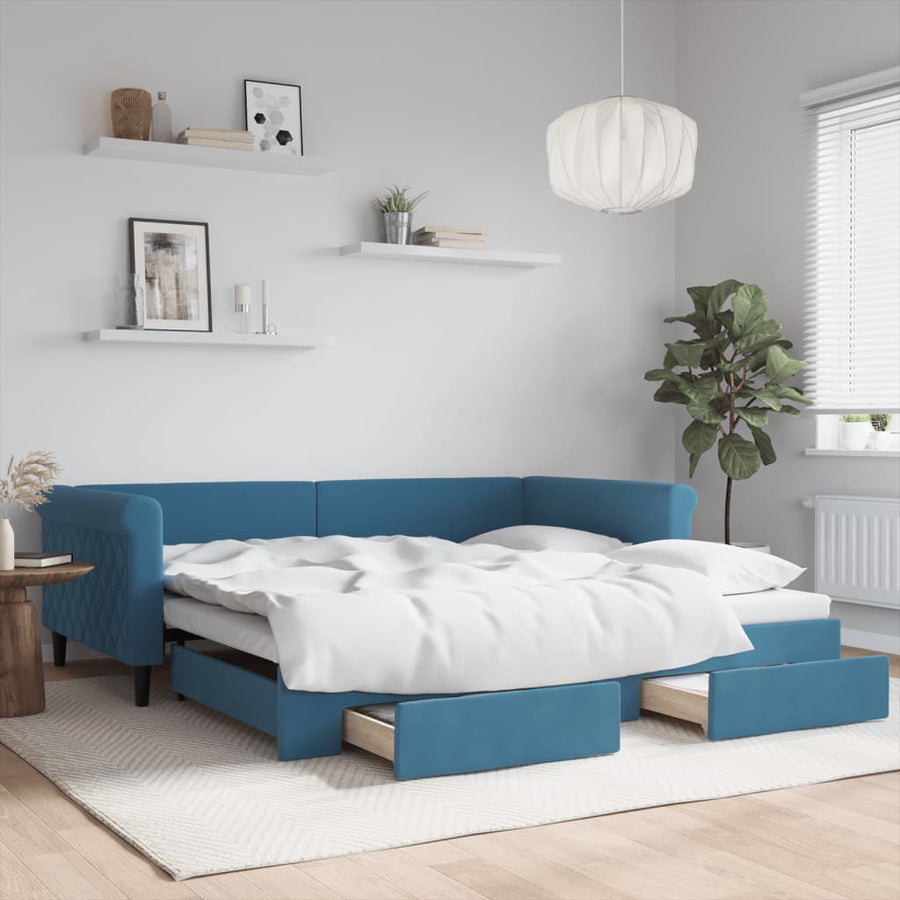 Slaapbank S Fluweel 100 x 200 cm Blauw met onderschuifbed en lade
