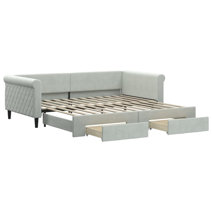 Slaapbank Onderschuifbed En Lades Fluweel 100 x 200 cm Lichtgrijs met onderschuifbed en lade