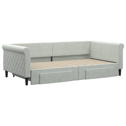 Slaapbank Onderschuifbed En Lades Fluweel 100 x 200 cm Lichtgrijs met onderschuifbed en lade