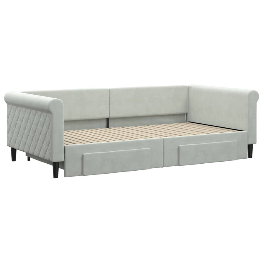 Slaapbank Onderschuifbed En Lades Fluweel 100 x 200 cm Lichtgrijs met onderschuifbed en lade