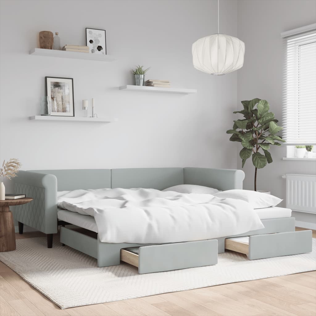Slaapbank Onderschuifbed En Lades Fluweel 100 x 200 cm Lichtgrijs met onderschuifbed en lade