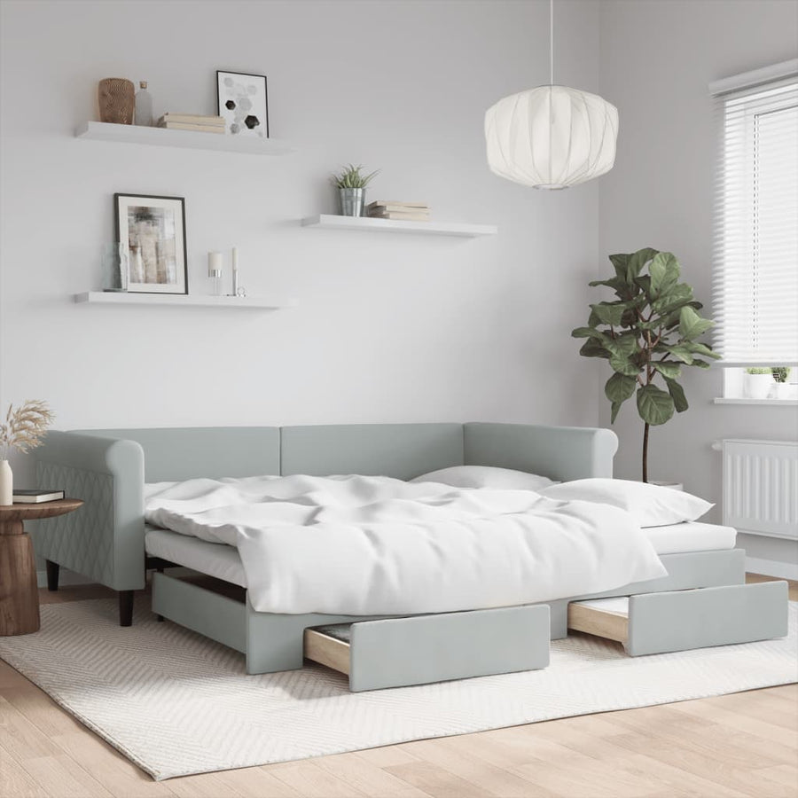 Slaapbank Onderschuifbed En Lades Fluweel 100 x 200 cm Lichtgrijs met onderschuifbed en lade