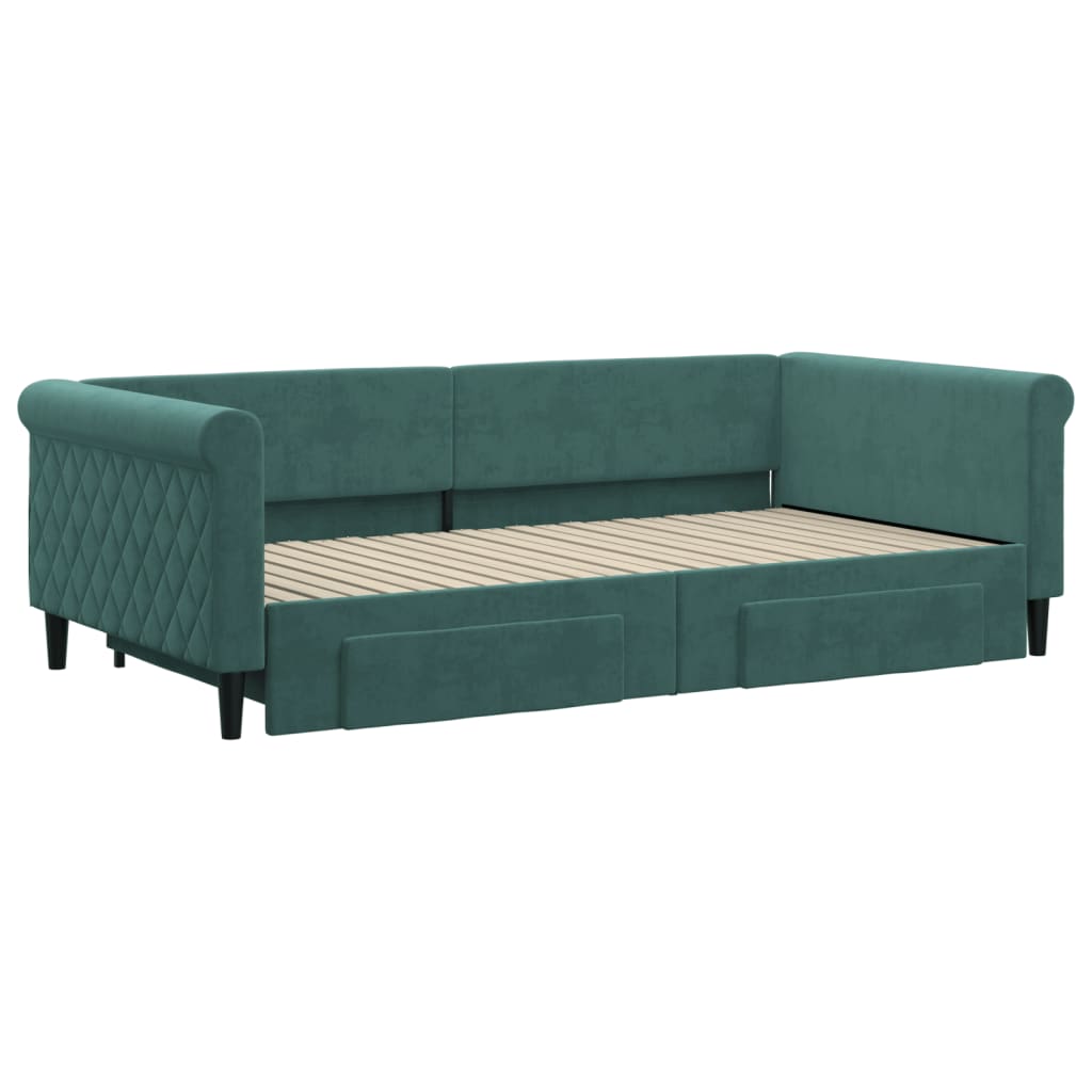 Slaapbank Onderschuifbed Lades Fluweel Donkergroen 100 x 200 cm met onderschuifbed en lade