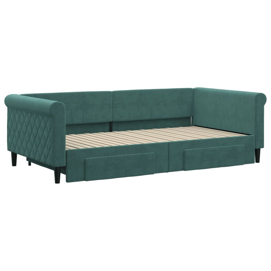 Slaapbank Onderschuifbed Lades Fluweel Donkergroen 100 x 200 cm met onderschuifbed en lade