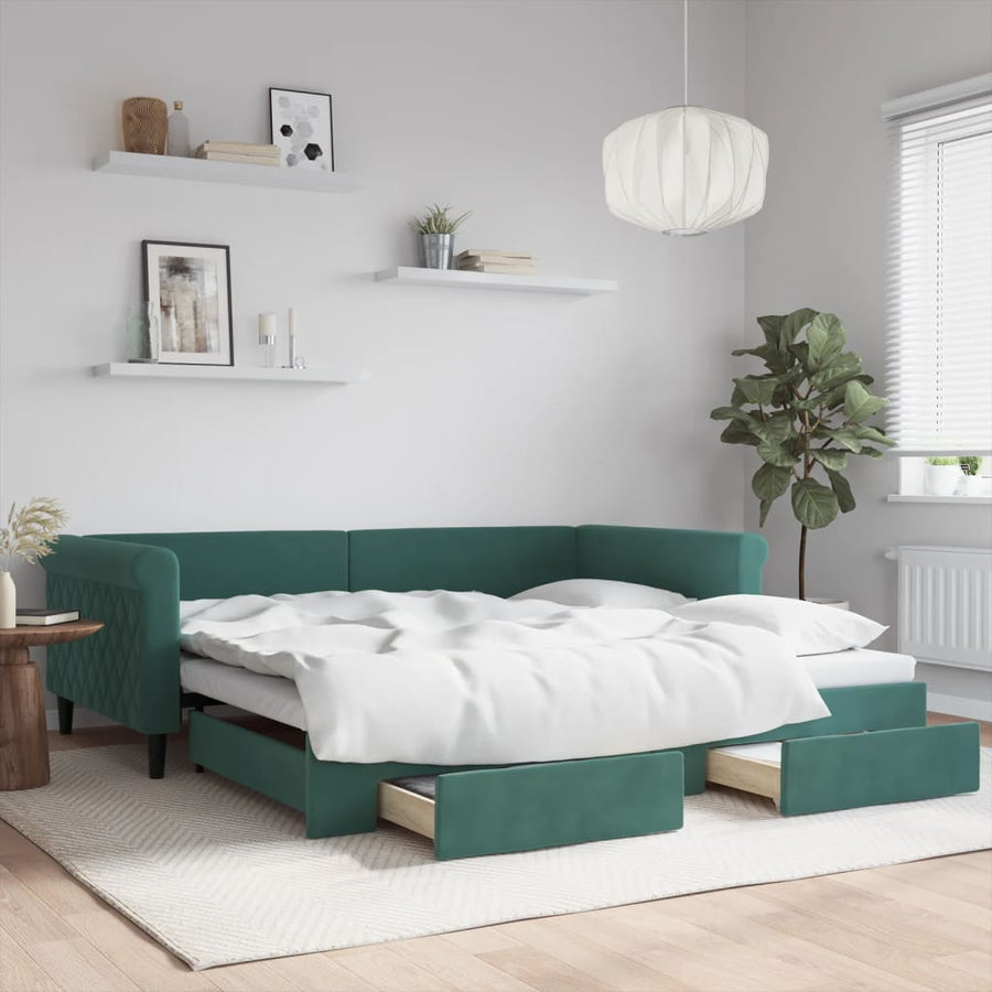 Slaapbank Onderschuifbed Lades Fluweel Donkergroen 100 x 200 cm met onderschuifbed en lade