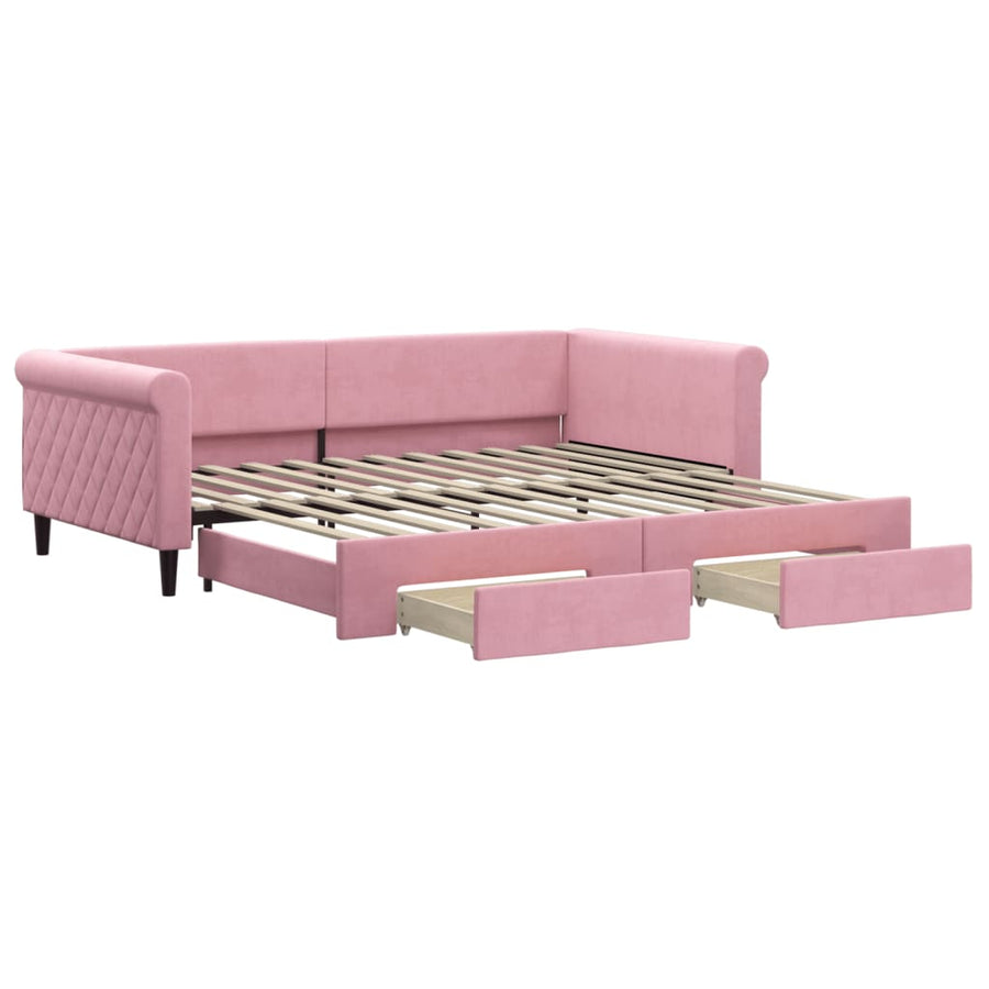 Slaapbank met onderschuifbed en lades 100x200 cm fluweel roze