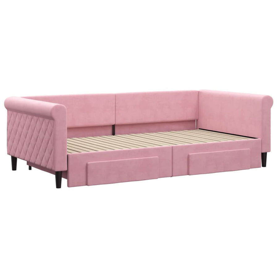 Slaapbank met onderschuifbed en lades 100x200 cm fluweel roze