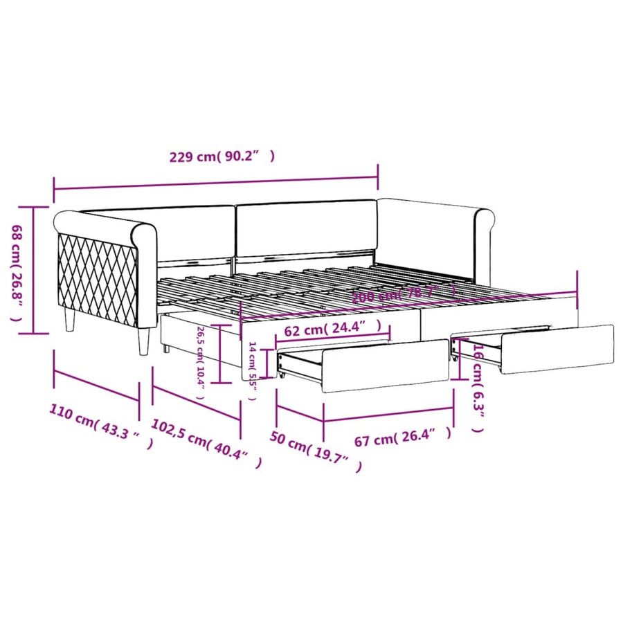 Slaapbank met onderschuifbed en lades 100x200 cm fluweel roze
