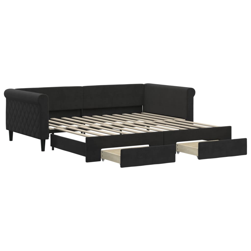 Slaapbank S Fluweel 100 x 200 cm Zwart met onderschuifbed en lade