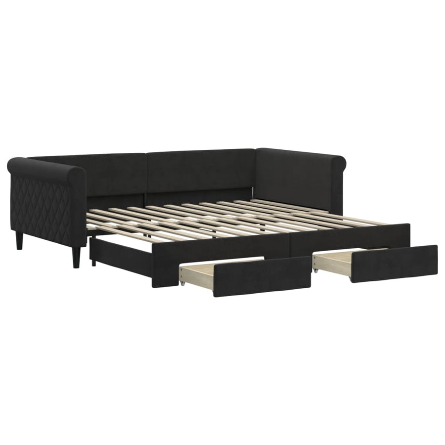 Slaapbank S Fluweel 100 x 200 cm Zwart met onderschuifbed en lade