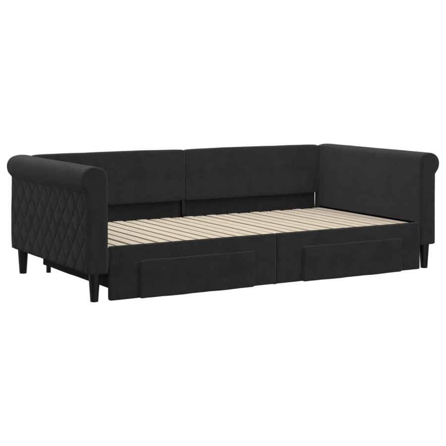 Slaapbank S Fluweel 100 x 200 cm Zwart met onderschuifbed en lade