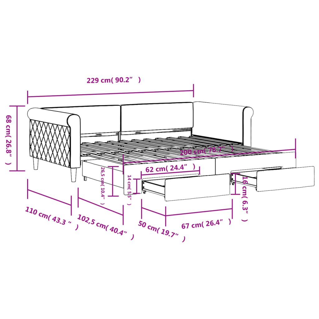 Slaapbank met onderschuifbed en lades 100x200 cm fluweel geel