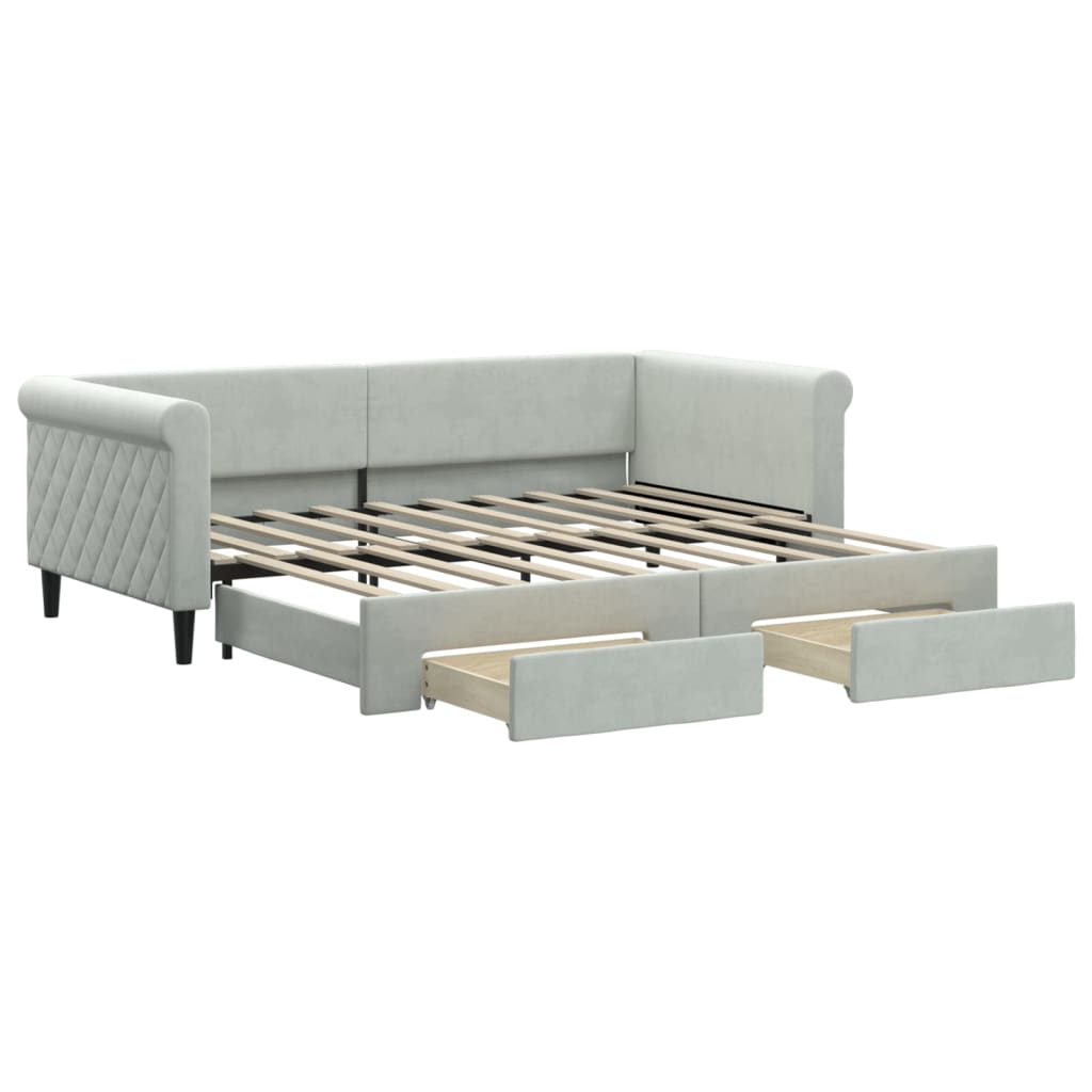 Slaapbank Onderschuifbed En Lades Fluweel 90 x 190 cm Lichtgrijs met onderschuifbed en lade