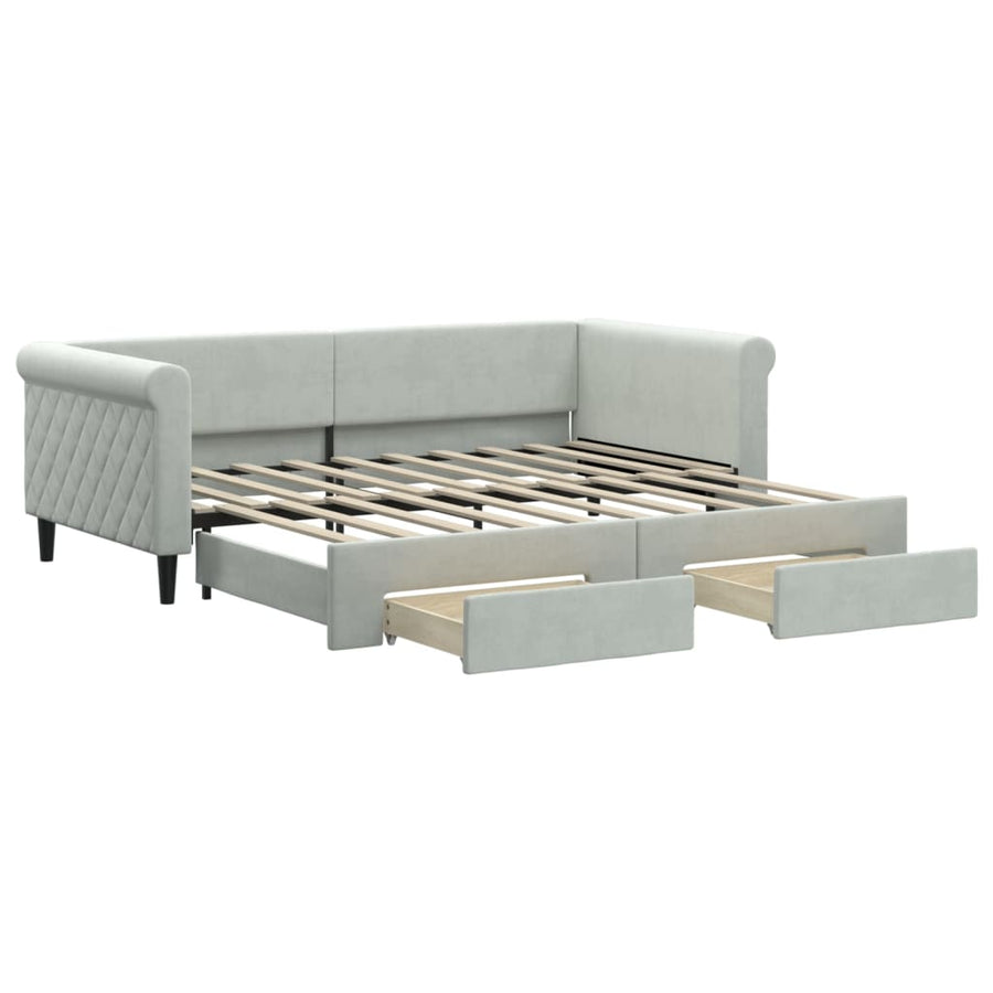 Slaapbank Onderschuifbed En Lades Fluweel 90 x 190 cm Lichtgrijs met onderschuifbed en lade