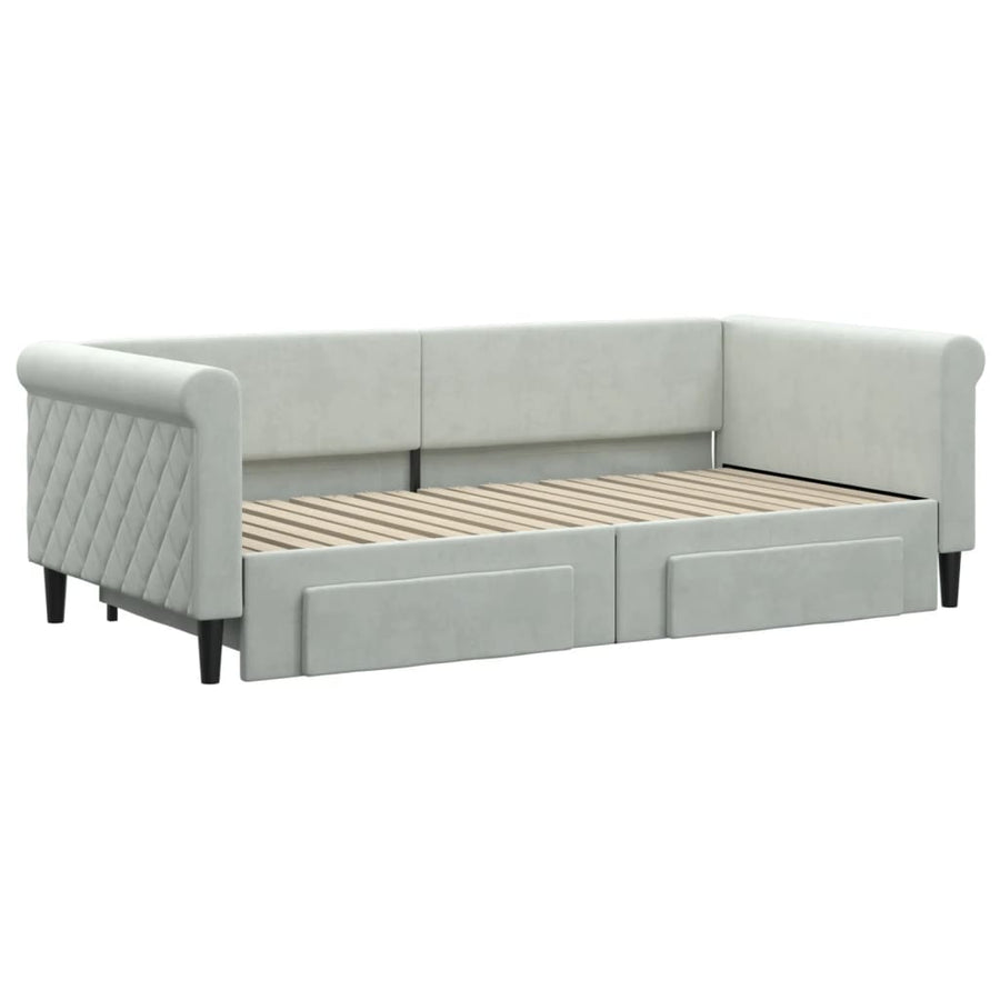 Slaapbank Onderschuifbed En Lades Fluweel 90 x 190 cm Lichtgrijs met onderschuifbed en lade