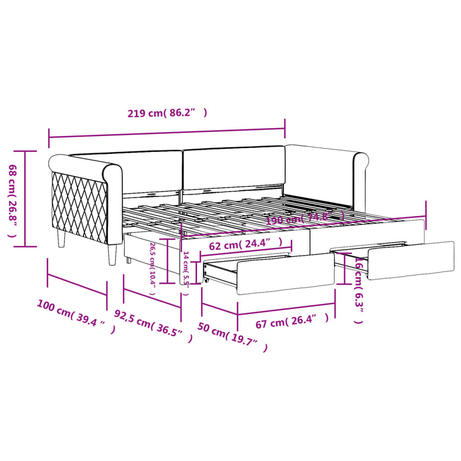 Slaapbank Onderschuifbed En Lades Fluweel 90 x 190 cm Lichtgrijs met onderschuifbed en lade