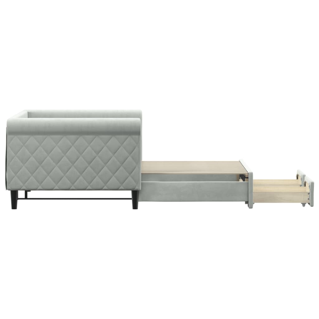 Slaapbank Onderschuifbed En Lades Fluweel 90 x 190 cm Lichtgrijs met onderschuifbed en lade