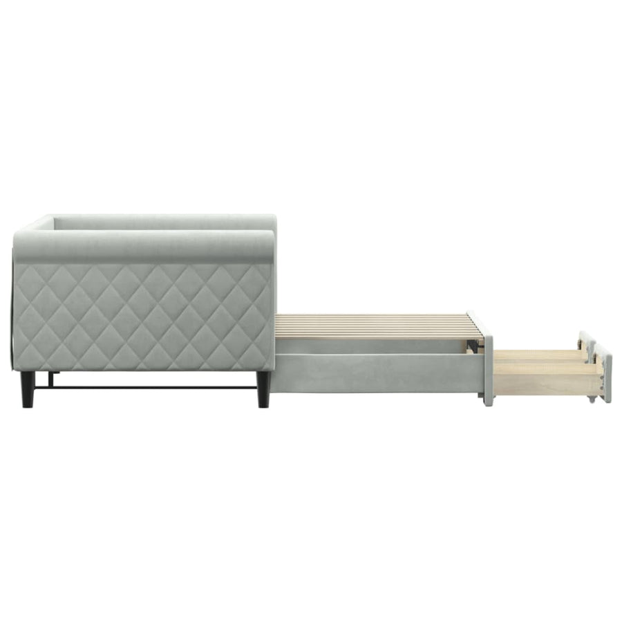 Slaapbank Onderschuifbed En Lades Fluweel 90 x 190 cm Lichtgrijs met onderschuifbed en lade