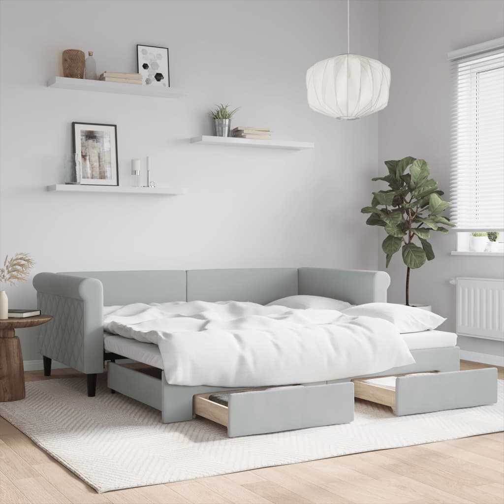Slaapbank Onderschuifbed En Lades Fluweel 90 x 190 cm Lichtgrijs met onderschuifbed en lade