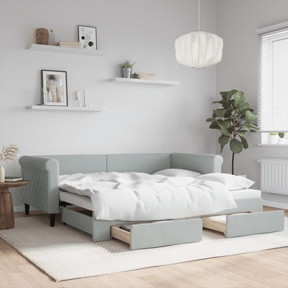 Slaapbank Onderschuifbed En Lades Fluweel 90 x 190 cm Lichtgrijs met onderschuifbed en lade