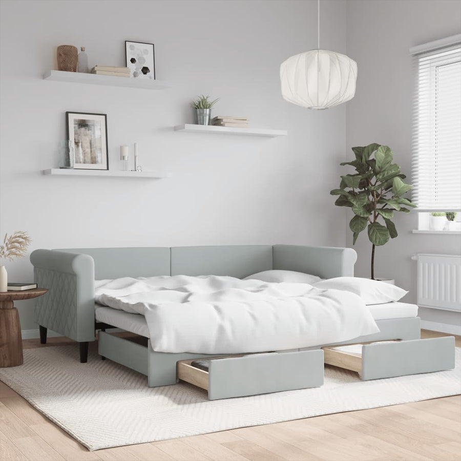 Slaapbank Onderschuifbed En Lades Fluweel 90 x 190 cm Lichtgrijs met onderschuifbed en lade