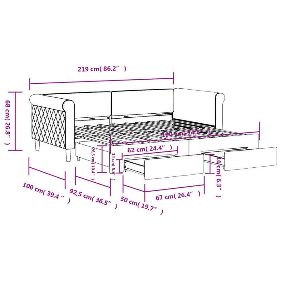Slaapbank onderschuifbed en lades 90x190 cm fluweel donkergrijs