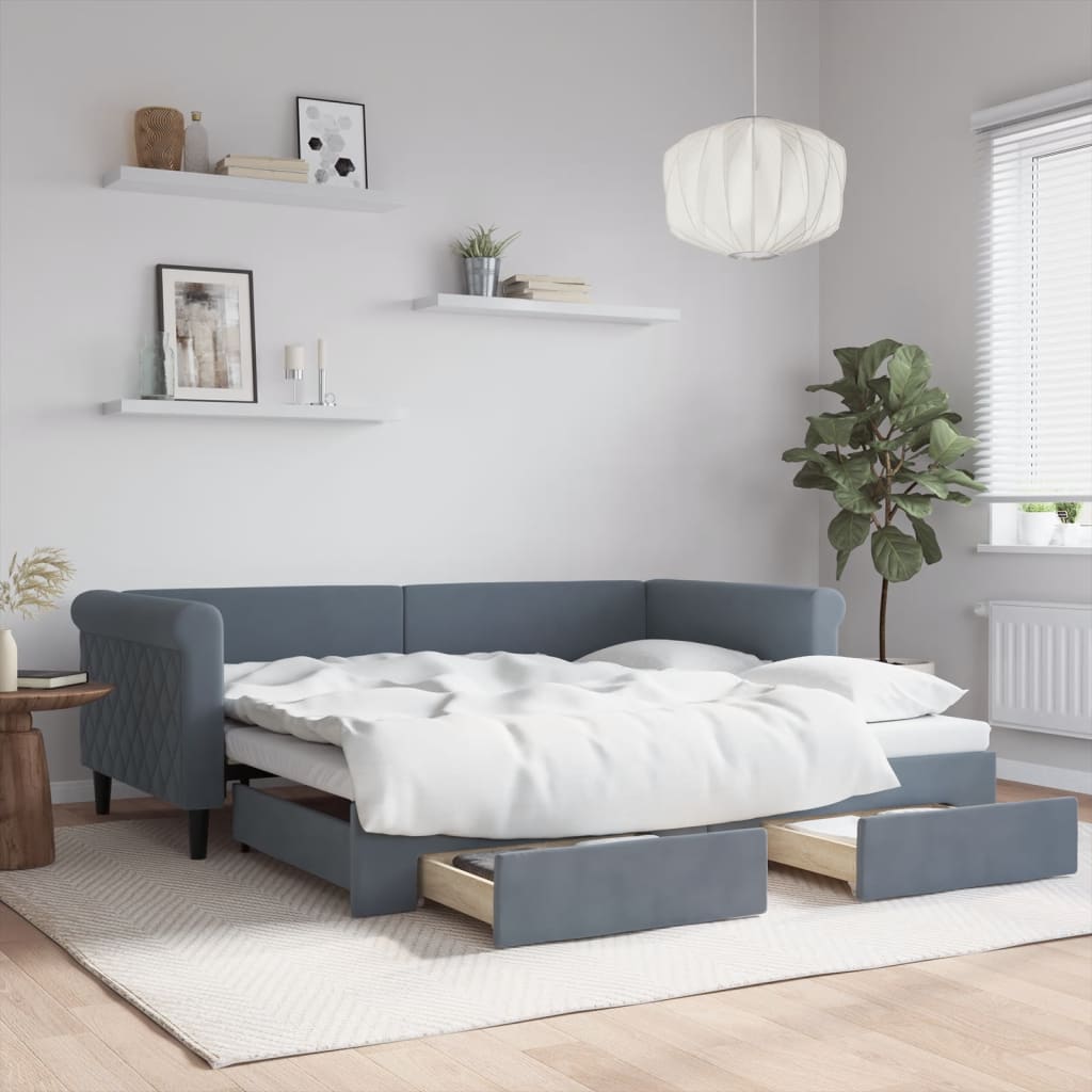 Slaapbank onderschuifbed en lades 90x190 cm fluweel donkergrijs