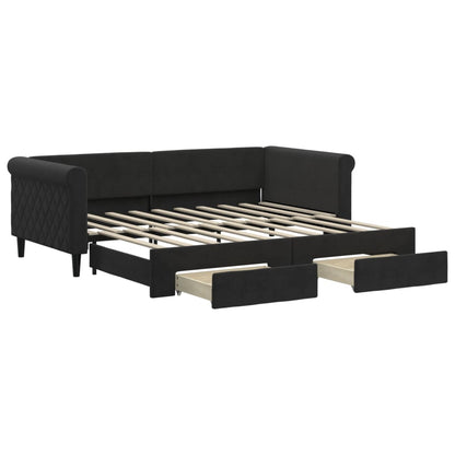 Slaapbank S Fluweel 90 x 190 cm Zwart met onderschuifbed en lade