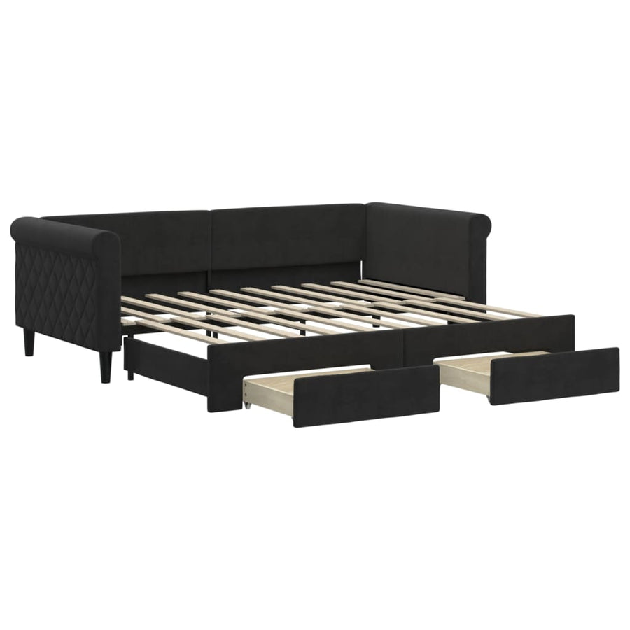 Slaapbank S Fluweel 90 x 190 cm Zwart met onderschuifbed en lade