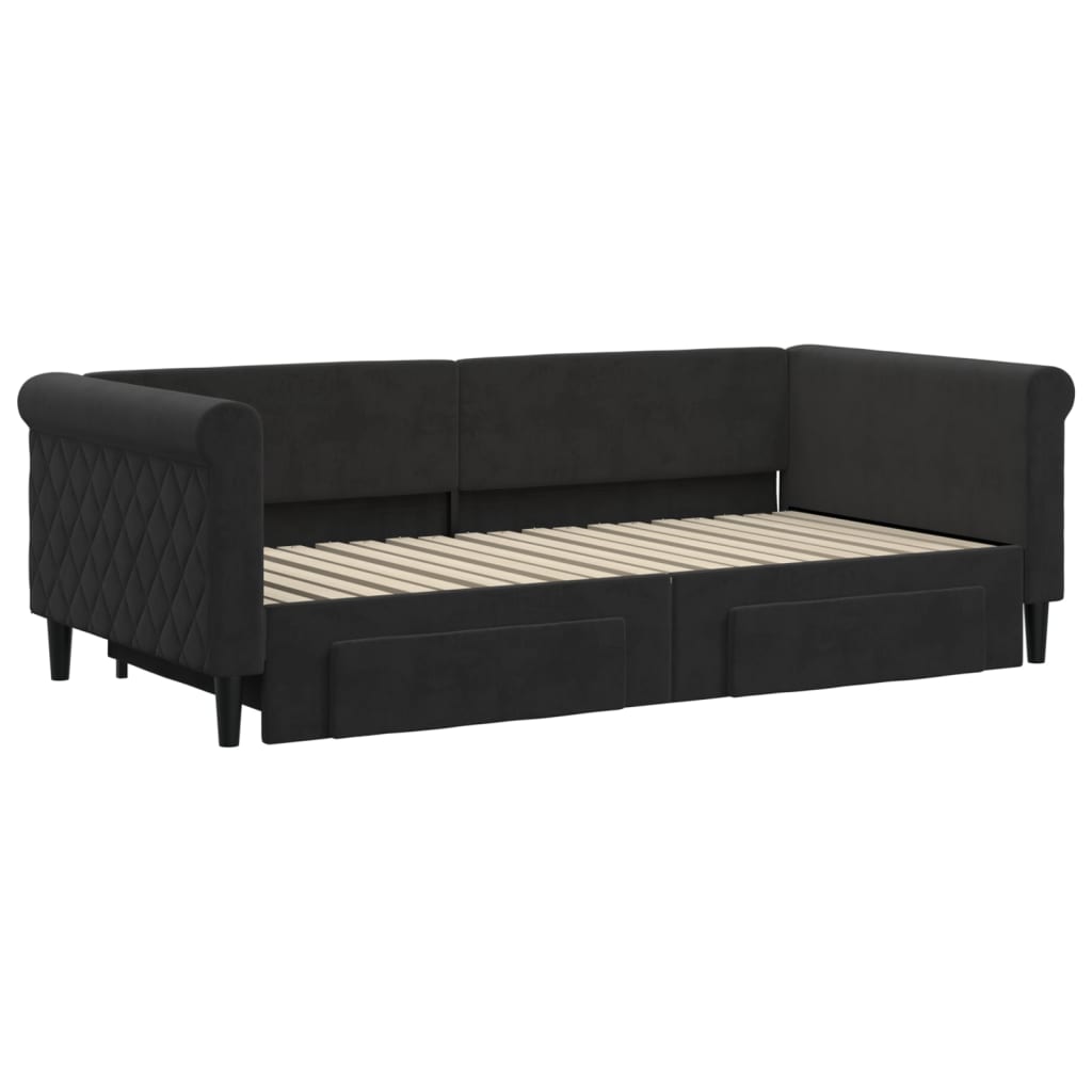 Slaapbank S Fluweel 90 x 190 cm Zwart met onderschuifbed en lade