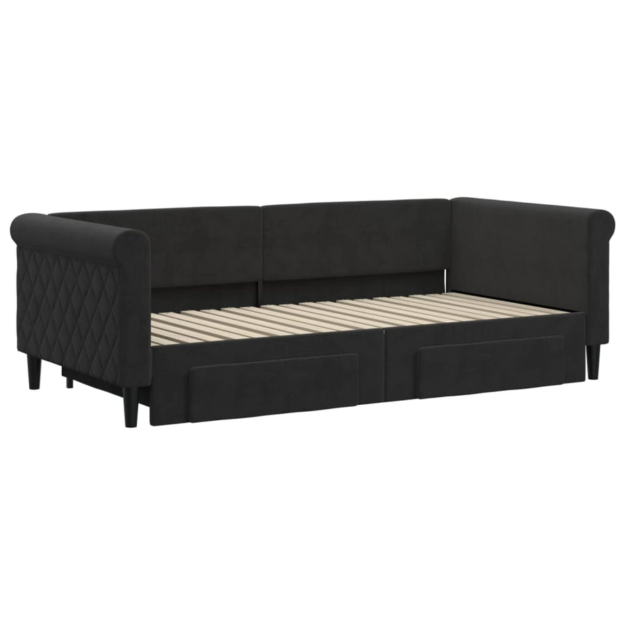 Slaapbank S Fluweel 90 x 190 cm Zwart met onderschuifbed en lade