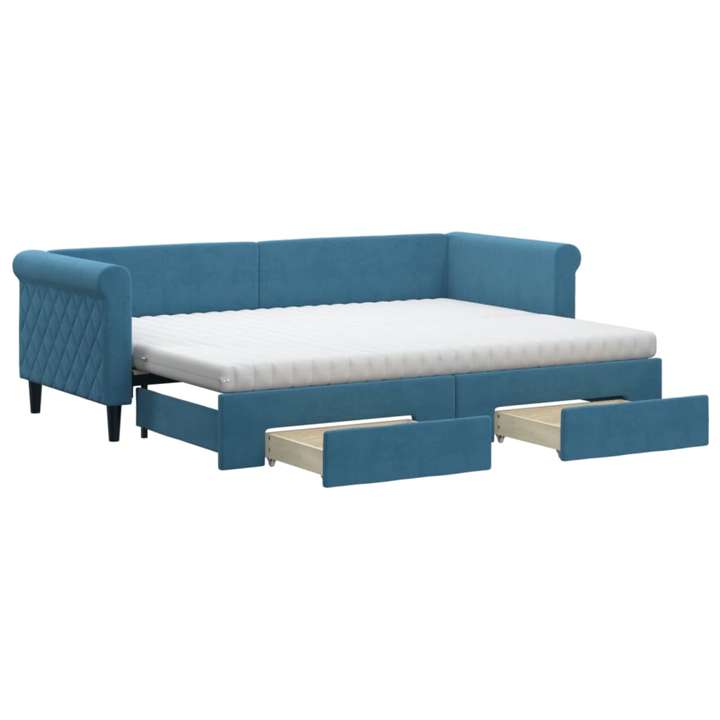 Slaapbank met onderschuifbed en lades 80x200 cm fluweel blauw