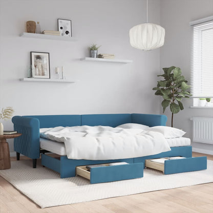 Slaapbank met onderschuifbed en lades 80x200 cm fluweel blauw