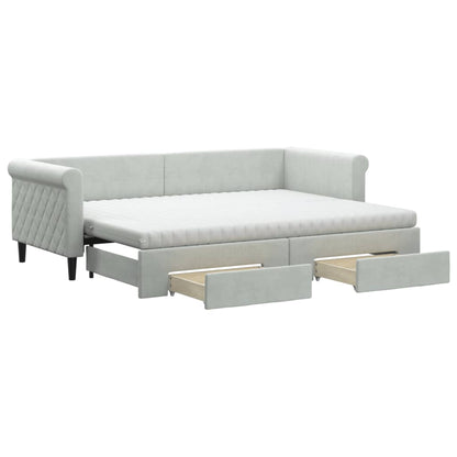 Slaapbank Onderschuifbed En Lades Fluweel 80 x 200 cm Lichtgrijs met onderschuifbed en lade en matras