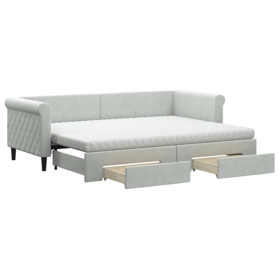 Slaapbank Onderschuifbed En Lades Fluweel 80 x 200 cm Lichtgrijs met onderschuifbed en lade en matras