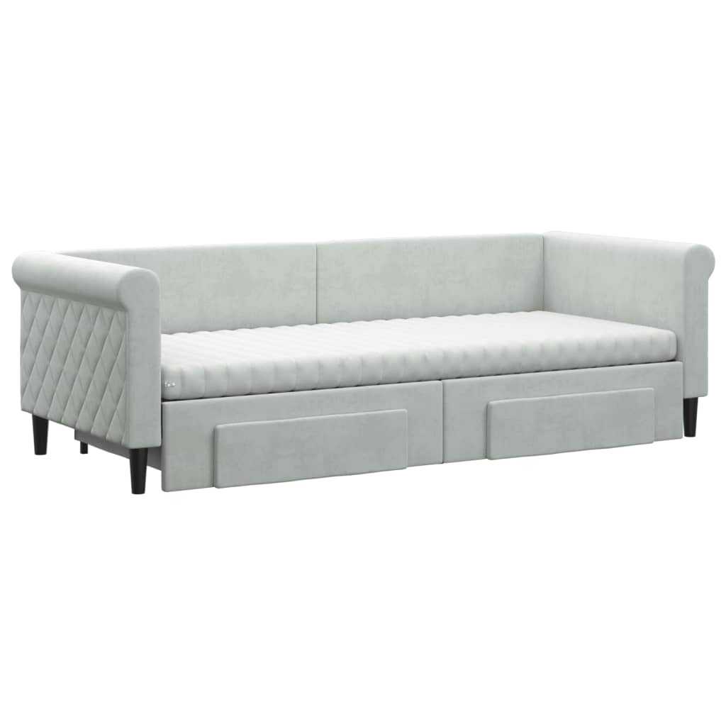 Slaapbank Onderschuifbed En Lades Fluweel 80 x 200 cm Lichtgrijs met onderschuifbed en lade en matras