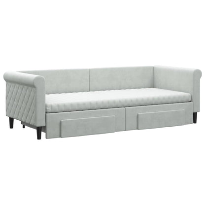 Slaapbank Onderschuifbed En Lades Fluweel 80 x 200 cm Lichtgrijs met onderschuifbed en lade en matras