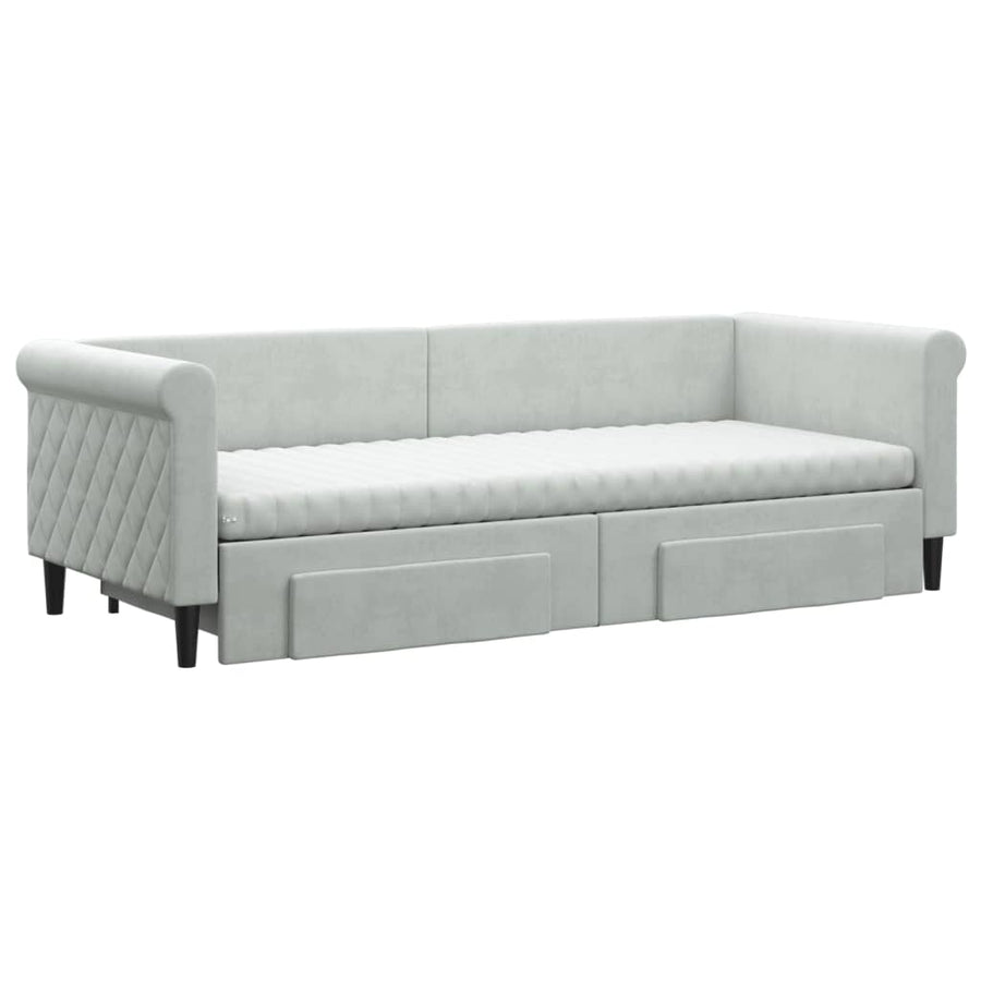 Slaapbank Onderschuifbed En Lades Fluweel 80 x 200 cm Lichtgrijs met onderschuifbed en lade en matras