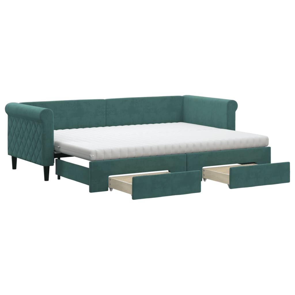 Slaapbank Onderschuifbed En Lades Fluweel Donkergroen 80 x 200 cm met onderschuifbed en lade en matras