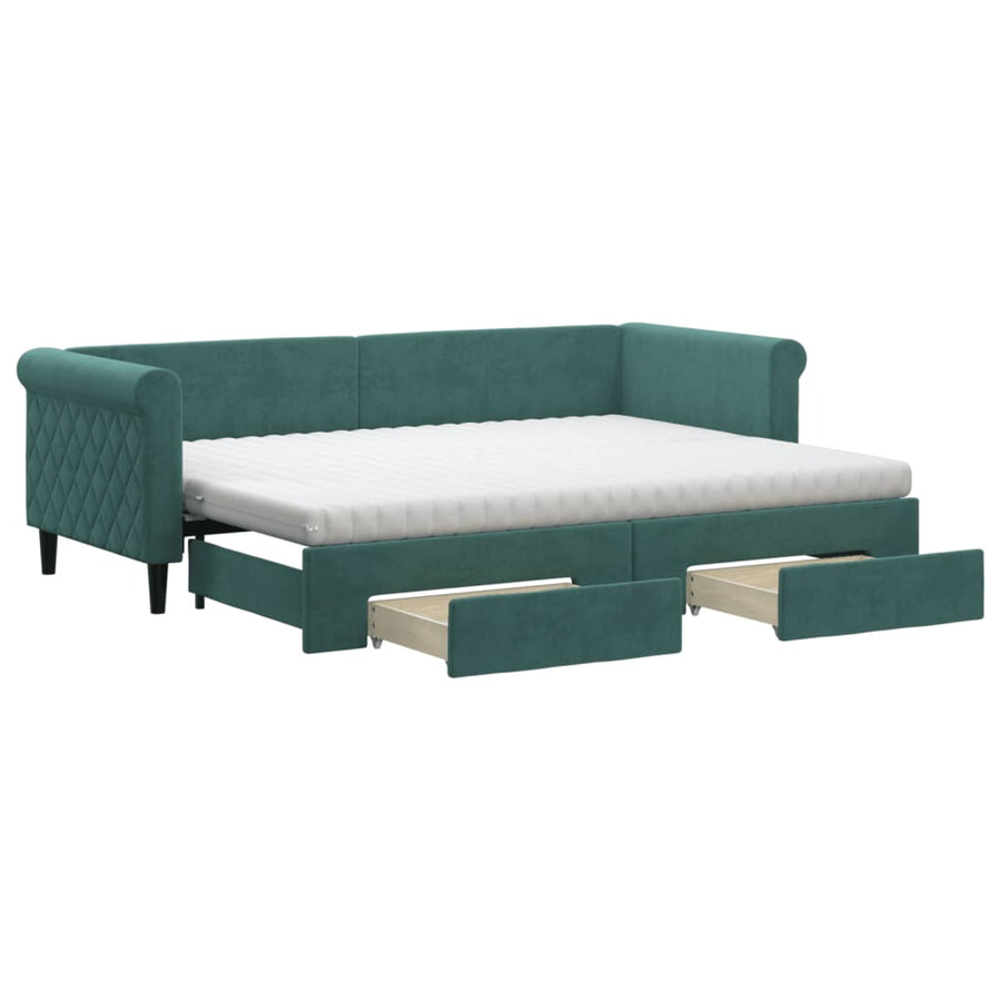Slaapbank Onderschuifbed En Lades Fluweel Donkergroen 80 x 200 cm met onderschuifbed en lade en matras