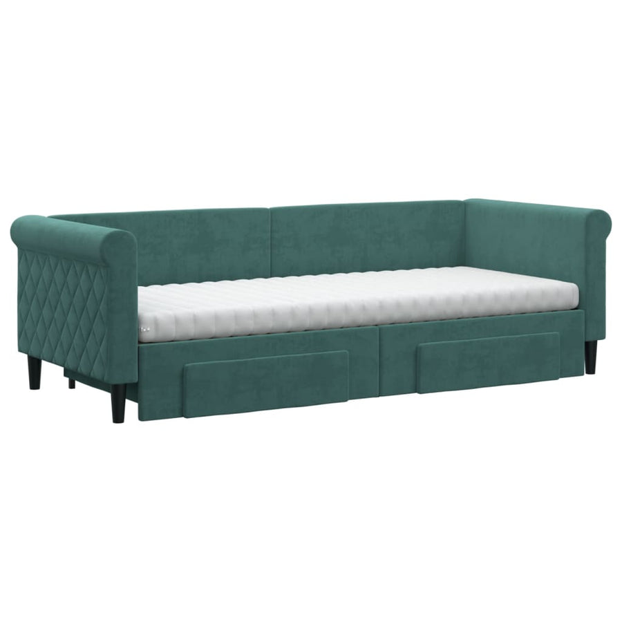 Slaapbank Onderschuifbed En Lades Fluweel Donkergroen 80 x 200 cm met onderschuifbed en lade en matras