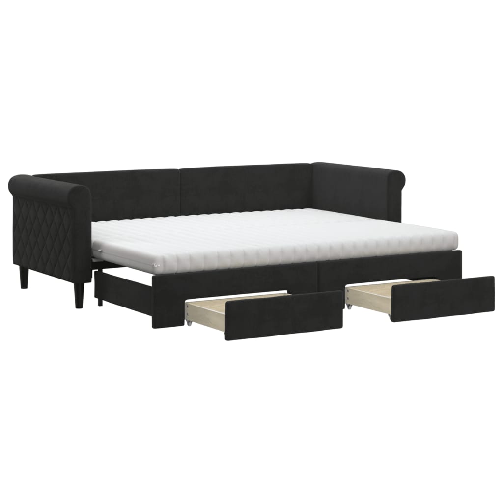 Slaapbank Met Onderschuifbed En Lades Fluweel 80 x 200 cm Zwart met onderschuifbed en lade en matras
