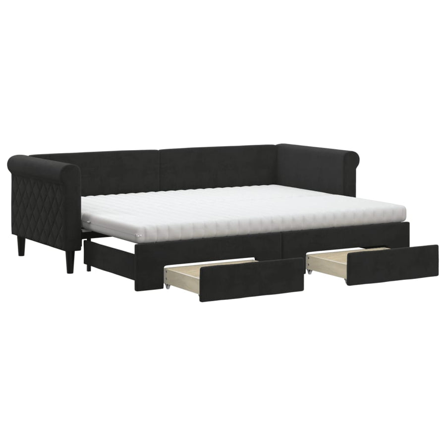 Slaapbank Met Onderschuifbed En Lades Fluweel 80 x 200 cm Zwart met onderschuifbed en lade en matras