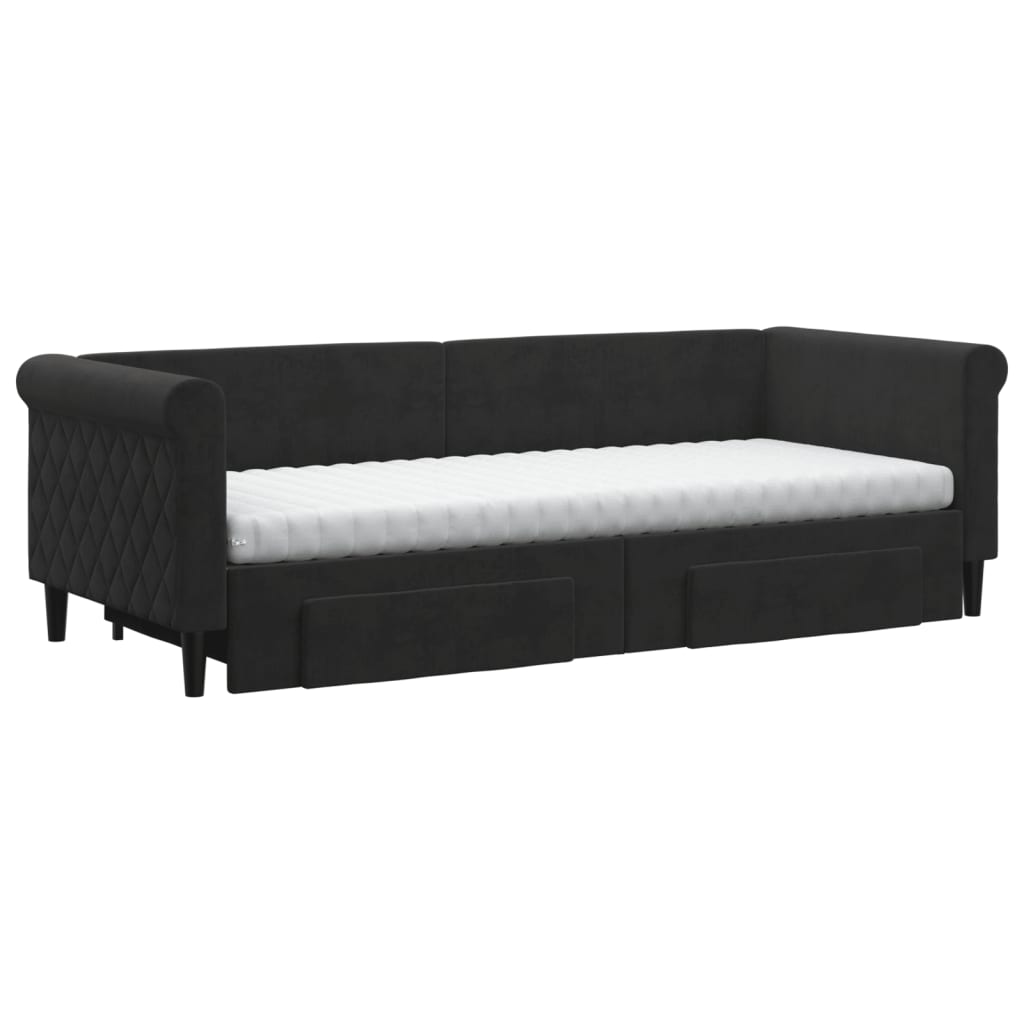 Slaapbank Met Onderschuifbed En Lades Fluweel 80 x 200 cm Zwart met onderschuifbed en lade en matras