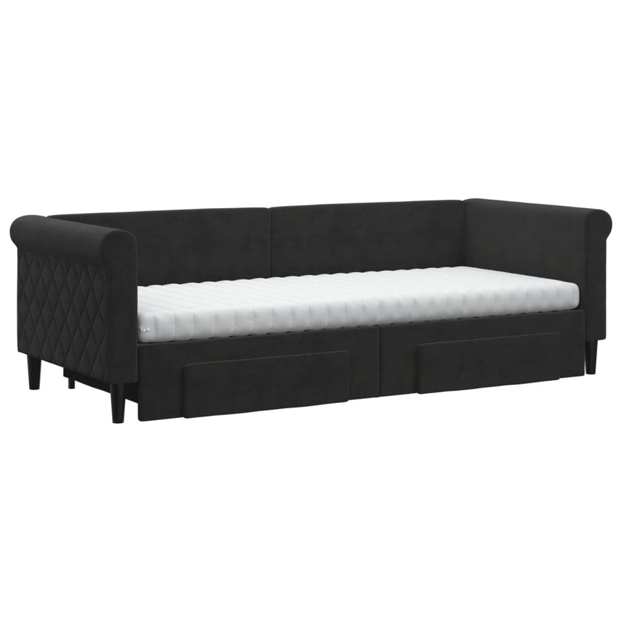 Slaapbank Met Onderschuifbed En Lades Fluweel 80 x 200 cm Zwart met onderschuifbed en lade en matras
